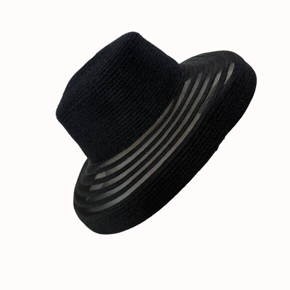 Black Wide Brim Sun Hat Sheer Stripe Beach Elegant Summer Floppy Resort Chic - Picture 4 of 16